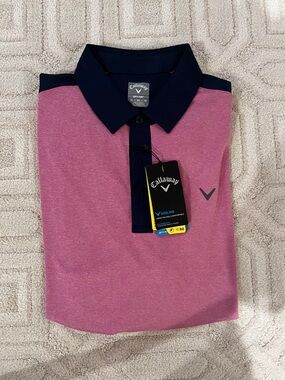 NWT Callaway Men's Heather Pink GOLF Polo with Navy Trim